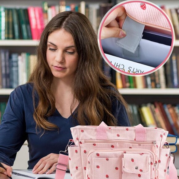 Strawberry Tote Bag Bow Bag With Multi Pocket Women Girls Crossbody Corduroy Han - Picture 4 of 7